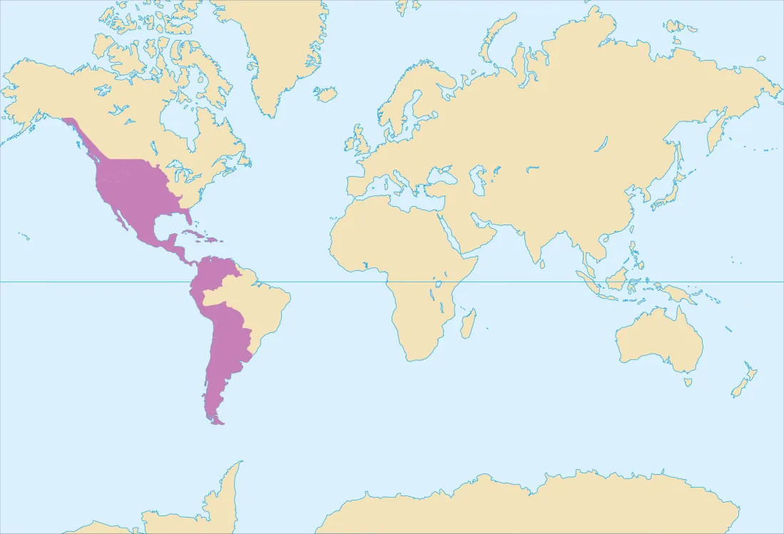 A world map is shown. In North America, a small sliver on the western coast of Canada, most of the United States (except the eastern region and Great Lakes), the islands in the Caribbean, and Central America are shaded. The northwestern region of South America, including the connecting tip of Central America are shaded. The southern part and western coast of South America is shaded.