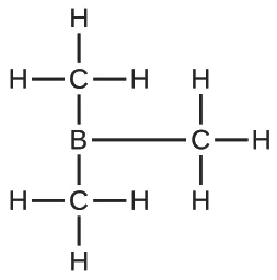 Esta estructura de Lewis se compone de un átomo de boro unido por enlace simple a tres átomos de carbono, cada uno de los cuales está unido por enlace a tres átomos de hidrógeno.