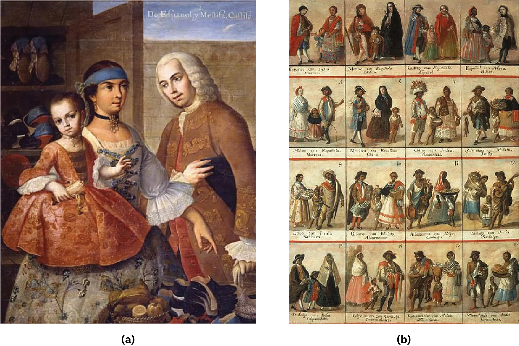 Image (a) shows a white father with his Spanish Indian wife and their mixed-race daughter. The man wears shirt, vest, and a long coat, decorated with embroidery, and oversized lace cuffs. The mother and child both wear jewelry and dresses decorated with floral embroidery. Image (b) consists of sixteen small paintings. Each painting shows a different racial combination of a man, woman, and child.