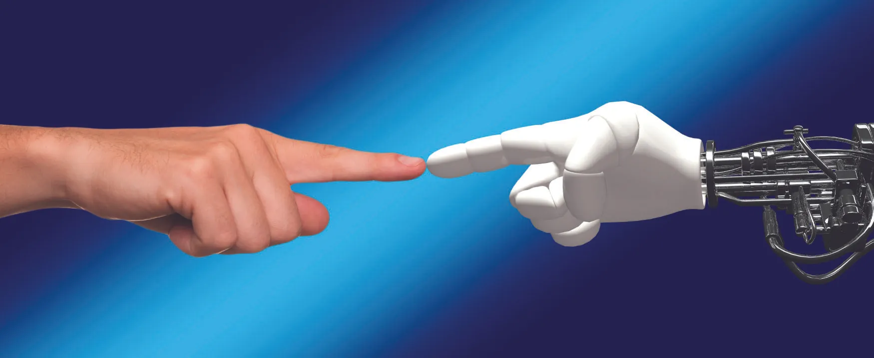 This image shows a human hand on the left and a robot hand on the right. Their index fingers are touching in the middle.