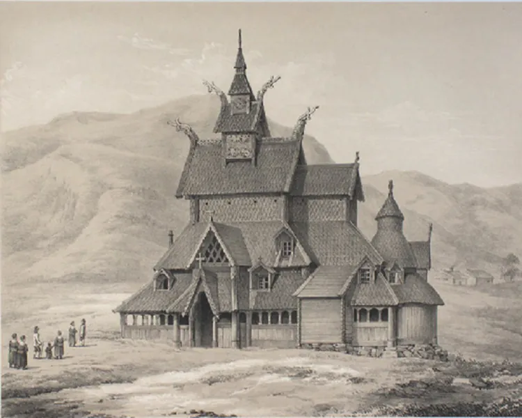 A gray pencil drawing of a large building is shown with mountains in the background. The terrain in the front and sides of the building is bare, rocky, with only two small houses seen in the far right. Seven figures are shown standing in the left foreground in long dresses, white shirts with dark pants, and all wearing hats. The building is several tiers built on top of each other. The roofs appear tiled with peaks at every tier. Crosses sit at some of the peaks and toward the top of the building dragon like projections sit atop four peaks. Windows are seen along the lower levels as well as a door with a round room on the right of the building with two more round tiers on top.