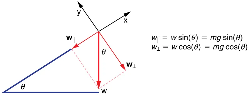 Vector arrow W for weight is acting downward. It is resolved into components that are parallel and perpendicular to a surface that has a slope at angle theta to the horizontal. The coordinate direction x is labeled parallel to the sloped surface, with positive x pointing uphill. The coordinate direction y is labeled perpendicular to the sloped surface, with positive y pointing up from the surface. The components of w are w parallel, represented by an arrow pointing downhill along the sloped surface, and w perpendicular, represented by an arrow pointing into the sloped surface. W parallel is equal to w sine theta, which is equal to m g sine theta. W perpendicular is equal to w cosine theta, which is equal to m g cosine theta.
