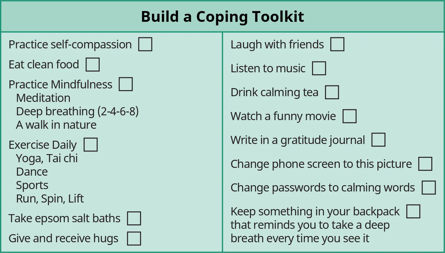 A green table is titled “Build a Coping Toolkit.” The left side of the table includes the following tips: Practice self-compassion; eat clean food; mindfulness, which includes meditation, deep breathing, and take a walk in nature; exercise, which includes yoga or tai chi, dance, HIIT, running, spinning, lifting; take epsom salt baths, and give and receive hugs. The right side of the table includes these tips: Laugh with friends, listen to music, drink calming tea; watch a funny movie, write in a gratitude journal, change a phone screen to this list of tips, change passwords to calming words, keep something in your backpack that reminds you to take a deep breath every time you touch it.