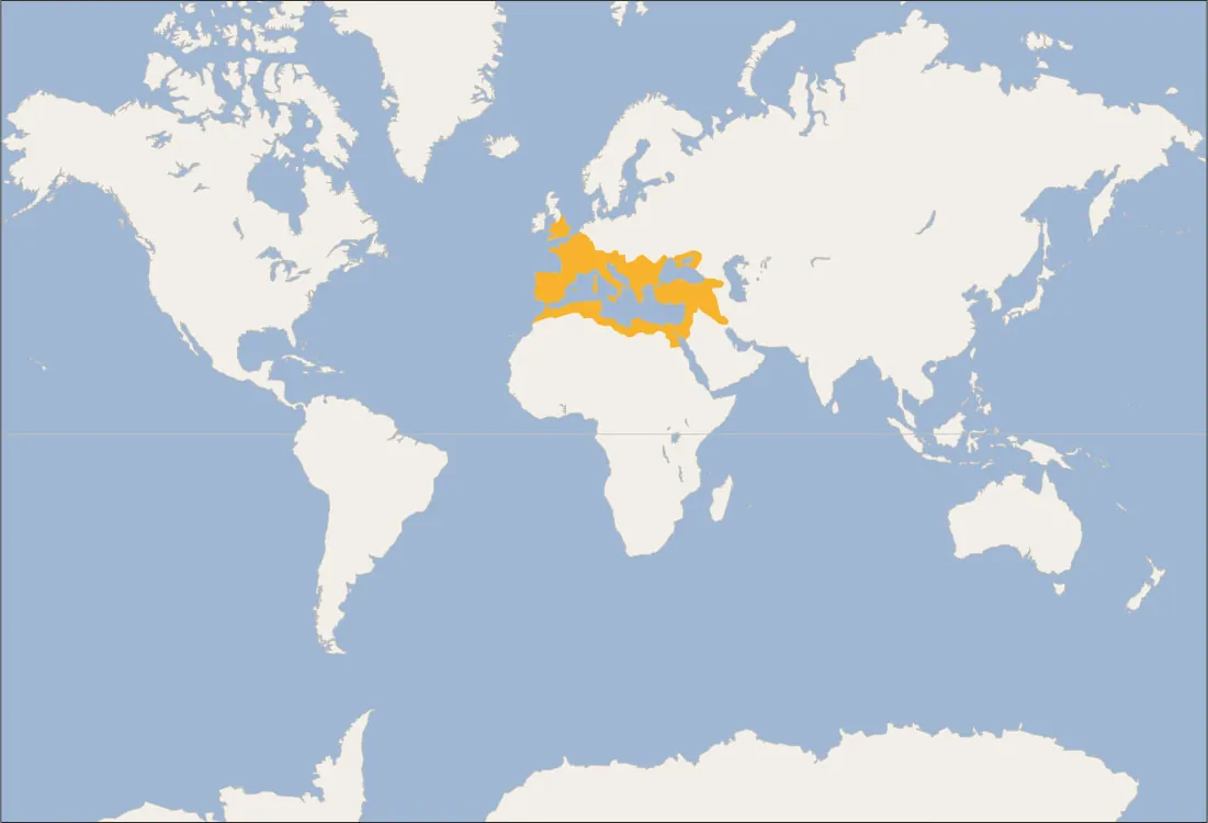 A map of the world is shown, land highlighted in white and water in blue. A white line runs through the middle of the map. Land bordering the Mediterranean Sea is highlighted orange. In Europe this includes all of Spain, Portugal, France, the southern portion of England, Italy, Croatia, Serbia, Bulgaria, and Greece. In the Middle East this includes Turkey, Syria, Iraq, Lebanon, Jerusalem, and Israel. The northern coastal areas of Egypt, Libya, Tunisia, Algiers, and Morocco are highlighted in Africa.