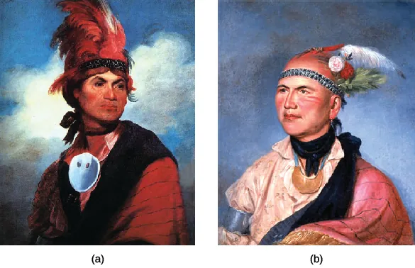A portrait of Joseph Brant (a) made in 1786 is shown beside a portrait of Brant made in 1797 (b). In both, Brant wears a cloak or blanket over a collared shirt, a large piece of jewelry around his neck, and a feathered headdress.