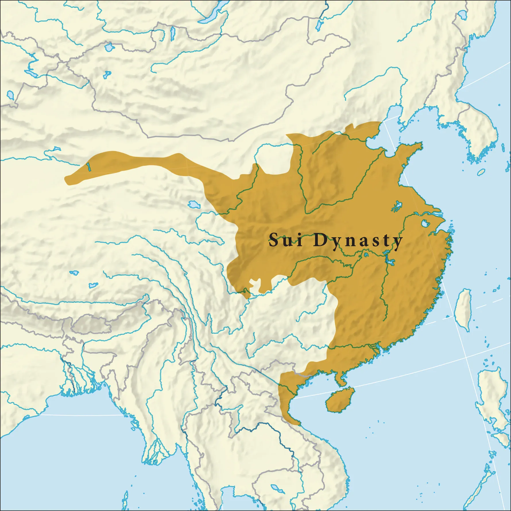 A map is shown. Land is shown in beige in the west and water is shown in blue in the east and southwest. A backward “C” shaped area with a long, thin portion sticking out toward the west is shown highlighted in gold on the east coast. It is labelled “Sui Dynasty.”