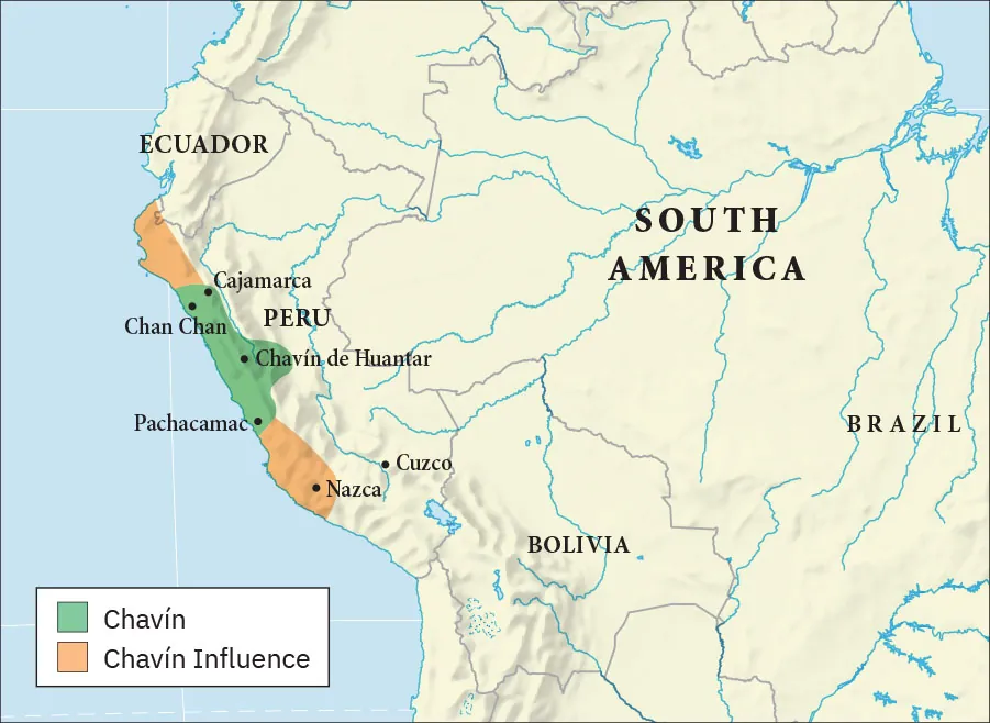 A map of the northwestern portion of South America is shown. Blue and gray lines crisscross the land. Blue runs along the coast on the west side and a small blue area is seen in the top northeast corner. In the northwest, the country of Ecuador is labeled and heading south Peru is labeled. Bolivia is labeled in the south and Brazil is labeled in the east. An upside down “Y” shaped section in Peru along the coast is highlighted green indicating “Chavín.” To the north of this green area and to the south of it along the coast are oval areas highlighted orange indicating “Chavín Influence.” In the green area these cities are labeled from north to south: Cajamarca, Chan Chan, Chavín de Huantar, and Pachacamac. In the orange area at the south the city of Nazca is labeled. To its east outside of the orange area the city of Cuzco is labeled.