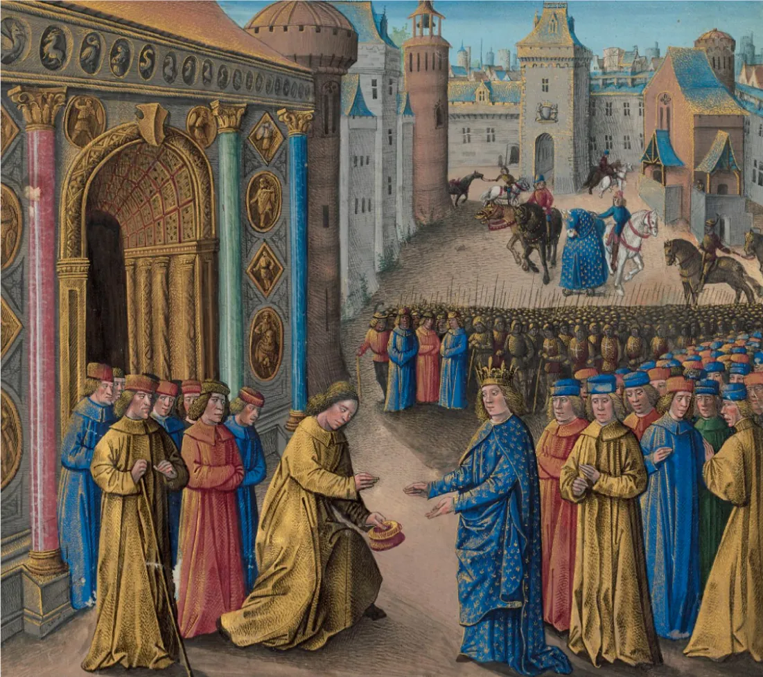 An image of a richly colorful scene is shown. In the forefront, seven people on the left stand in front of a highly decorated building with an archway opening, carved in gold colors with columns and rich designs at the arch. Both sides of the building show circle and diamond shaped carvings of figures in gold colors on teal colored walls with columns displayed in bright pastel colors. Carvings can be seen across the top of the building. The group of seven figures wears long collared robes in red, blue, and gold colors with red and black caps on their heads. All have shoulder length brown hair, no facial hair, and stoic expressions. A figure in front of them with long brown hair, no cap, and eyes cast down in a long gold robe begins to kneel. He holds a gold bag in his left hand and extends his right hand out to a figure in front of him. The figure is dressed in rich blue robes with gold designs all over, wears a gold crown, has brown shoulder length hair and extends their arms out to the kneeling man. Behind the figure in the right of the forefront stand a mass of people in long bright solid robes with blue and red caps and shoulder length hair. Behind them stand a mass of soldiers in full body armor holding spears and showing crosses on their chests. Four people in long robes stand at the left edge of the group of soldiers. In the background eight horses are seen with five riders. The horses range from brown with brown reins to a white horse with red reins and a horse regaled with long blue and gold robes wearing a mask that matches. The riders are holding on to the horse with no riders. Tall castle-like buildings can be seen in the background with stone walls, bright blue roofs, tall arched doorways, windows and towers. The ground is sandy colored and rocky.