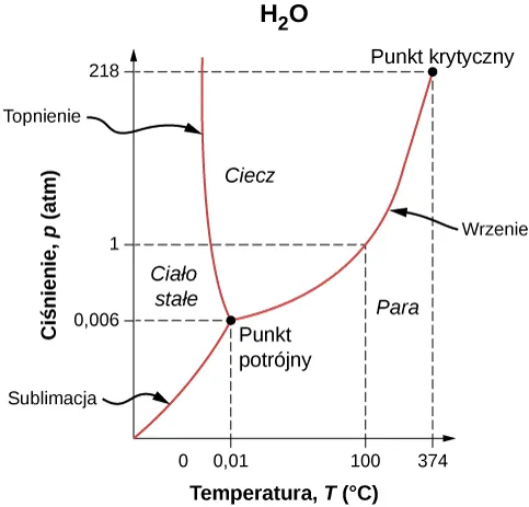 Graficzny wykres ciśnienia P w atmosferze w zależności od temperatury T wody w stopniach Celsjusza. Krzywa biegnie w prawo ku górze do punktu oznaczonego jako punkt potrójny. Ma on 0,006 atm i 0,01 stopni C. Od tego miejsca krzywa rozgałęzia się na dwie części. Jedna gałąź biegnie w lewo ku górze i jest prawie pionowa. Druga biegnie ku górze w prawo. W punkcie 1 atm temperatura ma 100 stopni C. Następnie ta sama gałąź osiąga punkt oznakowany jako krytyczny. Jego współrzędne to 218 atm i 374 stopnie C. Obszar na lewo od lewego odgałęzienia oznaczony jest jako stan stały. Obszar między gałęziami krzywej jest obszarem stanu ciekłego. Obszar na prawo od prawego odgałęzienia oznacza stan pary. Krzywa znajdująca się w dół na lewo od punktu potrójnego oznacza sublimację, krzywa w górze na lewo od punktu potrójnego oznacza topnienie, a gałąź biegnąca na prawo ku górze do punktu potrójnego oznacza wrzenie. 