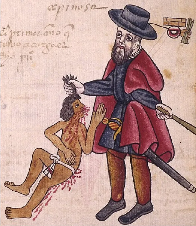 A drawing shows a bearded man in a black, long coat and hat, brown pants, and a red robe holding a stick in his hand on a plain background. He has a sword at his side. He holds the black hair of a man in a loincloth on the ground. The man’s face is bleeding as well as his back. A string from the man’s black hat shows a brick and a hand holding long, thin items. There is scripted writing on the top left of the drawing.