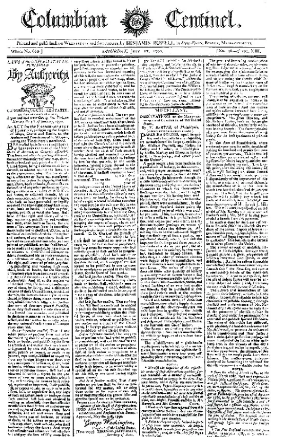 An image of the Copyright Act of 1870 appearing as the entire front page of the Columbia Sentinal on July 17 1870.