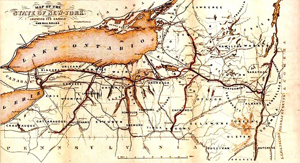 An 1853 map of New York State shows its extensive networks of railroads and canals.