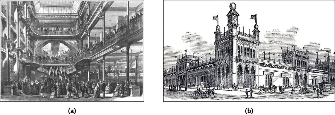 Illustration (a) shows a large crowd of people inside the Bon Marche department store. Illustration (b) shows people on foot and in horse drawn wagons near the Wanamaker department store.