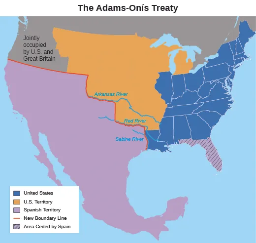 A map shows the results of the Adams-Onís Treaty of 1819. Colors indicate “United States”; “U.S. Territory”; “Jointly occupied by U.S. and Great Britain”; “Spanish Territory”; and “Area ceded by Spain.” A “New Boundary Line” indicates the border between U.S. and Spanish territory established by the treaty.