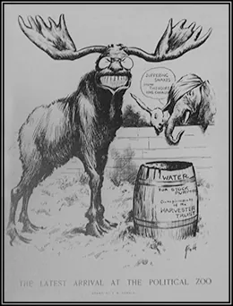 A cartoon entitled "The Latest Arrival at the Political Zoo" shows the Progressive Bull Moose, whose large grin and eyeglasses resemble Roosevelt's. Before the bull moose is a barrel bearing the words "Water/For Stock Purposes/Compliments of the Harvester Trust." From behind a fence, a donkey and elephant watch; the elephant, whose head is bandaged, says "Suffering Snakes! How Theodore Has Changed!" 