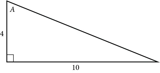A right triangle with sides 4 and 10 and angle of A labeled.