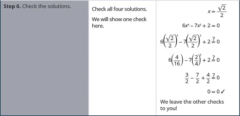 In step 6, check your solutions. We will show one check here, x equals square root 2 divided by 2. Substitute this value into the original equation. 6 times the fourth power of the quotient square root 2 divided by 2 minus 7 times the square of the quotient square root of 2 divided by 2 plus 2. Does this expression equal 0? Simplify the powers. 6 times four sixteenths minus 7 times two fourths plus 2. Simplify terms. Three halves minus seven halves plus four halves equals zero. Square root 2 divided by 2 is a solution. We leave the other checks to you!