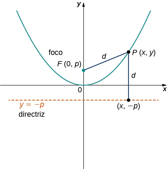Se dibuja una parábola con vértice en el origen y que se abre hacia arriba. Se dibuja un foco como F en (0, p). En la línea se marca un punto P en las coordenadas (x, y), y la distancia del foco a P se marca como d. Se dibuja una línea marcada como la directriz, y esto es y = – p. La distancia de P a la directriz en (x, –p) se marca como d.