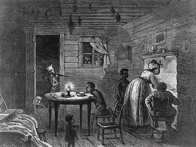An illustration shows a Black family, with three small children, tending to their hearth as a hooded Klansman, undetected, points a rifle at them through the open doorway.