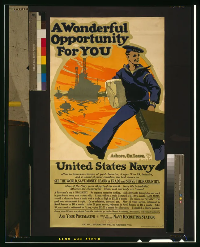 A vintage U.S. Navy recruitment poster encourages enlistment by showing a sailor with luggage, "ashore, on leave." Additional text states, "A Wonderful Opportunity For You. United States Navy."