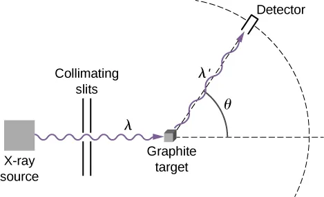 Figure shows a schematic of the experimental setup for studying Compton scattering. X-rays exit a source, pass through the collimating slits and are incident on a sample of graphite. X-rays scattered by the target are detected by the detector.