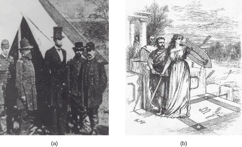Image A is a photo of Abraham Lincoln meeting with Union Soldiers. Image B is a cartoon of Ulysses S. Grant being shielded from arrows by “Lady Liberty.”