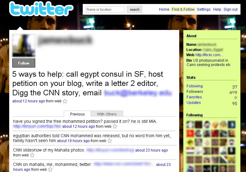 A Twitter update page from a U.S. photojournalist in Cairo, Egypt, during the recent uprising is shown.