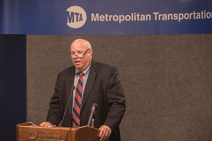 A photo shows Thomas F. Prendergast, the president of the Metropolitan Transit Authority of New York State, delivering a speech.