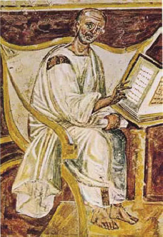 An image of a worn and faded painting is shown. In the image a dark-skinned man sits on a large, elaborate white and gold chair, dressed in long white robes with brown trim. He is almost bald, has a white beard, long nose, and shows deep lines across his forehead. He is barefoot and holds a roll of paper in his left hand. His right hand is in the air and held over a book. The book has white pages with brown and gold trim on an obscure table. The background is brown, yellow, and white in abstract waves.