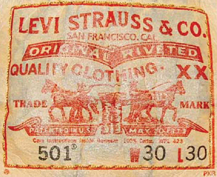 An image of a Levi's Jeans logo on a pair of Jeans. It reads Levi Strauss and Co. Original rivieted. 