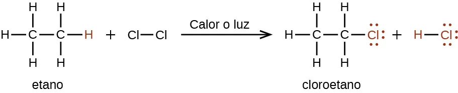 Este diagrama ilustra la reacción del etano y el C l subíndice 2 para formar cloroetano. En esta reacción, la fórmula estructural del etano se muestra con dos átomos de C enlazados entre sí y tres átomos de H enlazados a cada átomo de C. El átomo de H del extremo derecho es rojo. El etano se añade al C l enlazado al C l, seguido de una flecha que apunta a la derecha. La flecha está marcada como "calor o luz". A la derecha, se muestra la molécula de cloroetano con dos átomos de C enlazados. El átomo de C de la izquierda tiene tres átomos de H enlazados a él, pero el átomo de C de la derecha tiene dos átomos de H enlazados por encima y por debajo de él junto con un átomo de C l. El átomo de Cl aparece en rojo con 3 pares de puntos de electrones en el extremo derecho de la molécula. A esto le sigue un signo más, que a su vez va seguido en rojo de H enlazado a C l. Hay tres pares de puntos de electrones por encima, a la derecha y por debajo del C l.