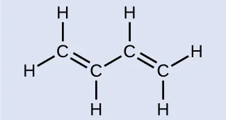 This figure shows a molecule composed of four carbon atoms. There is a double bond between carbons one and two and three and four, while a single bond holds carbon two and three together. Carbons one and four are also bonded to two hydrogens with a single bond while carbons two and three are each bonded to one hydrogen each by a single bond.