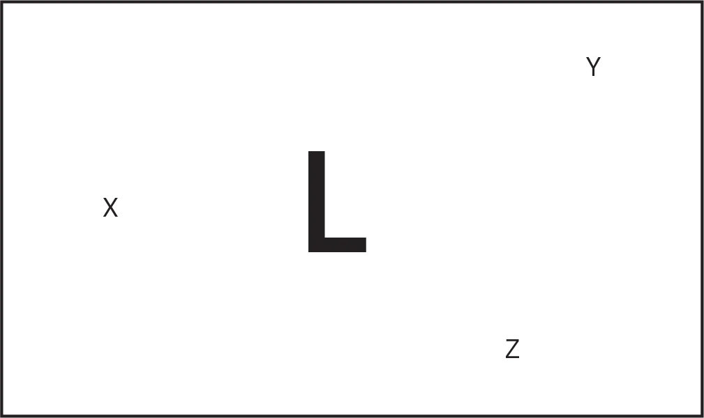 The letters L, X, Y, and Z are visible inside a rectangle. A small "X" is left center; a large "L" is middle center; a small "Z" is lower two-thirds right; a small "Y" is upper right. From the vantage point of any one letter, not all others are visible.