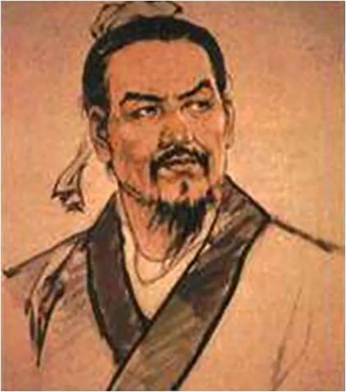 Han Feizi is portrayed as a bearded man with black hair tied back into bun with a white ribbon gazing to the side with a determined glance.