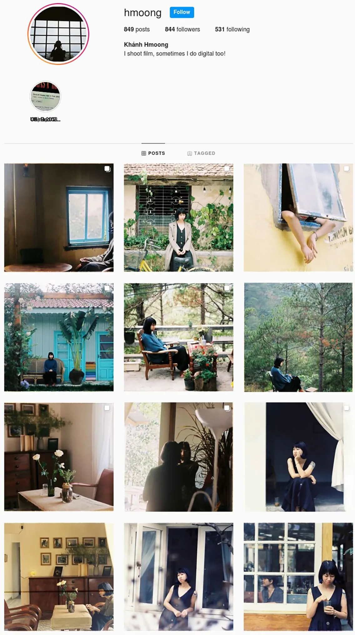A screenshot of an Instagram profile page for the user hmoong shows thumbnails of 12 photographs, many of them apparent self-portraits, below basic profile information.