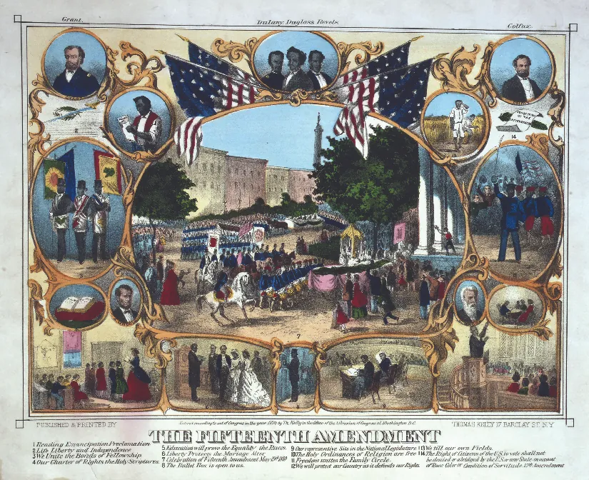 A print from 1870 that shows several scenes of African Americans participating in everyday activities. Under the scenes is the text “The Fifteenth Amendment”.