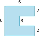 A geometric shape is shown. It is a sideways U-shape. The top is labeled 6, the left side is labeled 6. An inside horizontal piece is labeled 3. Each of the vertical pieces on the right are labeled 2.