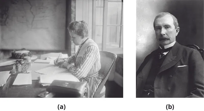 Part A shows Ida Tarbell writing by hand at a desk. Part B shows John D. Rockefeller.