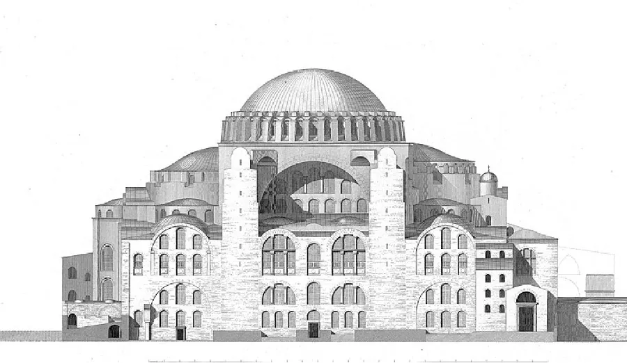 This is an image of the Hagia Sophia. It is a large building with many windows, arches, and domes.