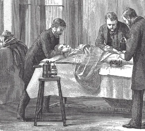 Drawing of three people standing over a patient.