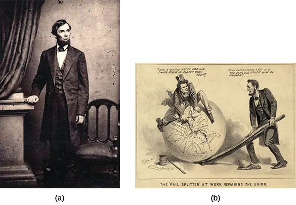 Photograph (a) shows a standing portrait of Lincoln. Cartoon (b), titled “The ‘Rail Splitter’ at Work Repairing the Union,” shows Andrew Johnson sitting atop a globe, mending a map of the United States with a needle and thread. Beside him, Lincoln holds the globe in place using a large split rail. Johnson says “Take it quietly Uncle Abe and I will draw it closer than ever!!!” Lincoln replies, “A few more stitches Andy and the good old Union will be mended!”