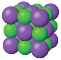 Esta figura muestra grandes esferas púrpuras unidas a otras más pequeñas de color verde en un patrón alternativo. Las esferas están dispuestas en un cubo.