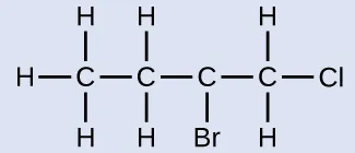 Esta estructura muestra un átomo de C enlazado a los átomos de H y a otro átomo de C. Este segundo átomo de C está enlazado a dos átomos de H y a otro átomo de C. Este tercer átomo de C está enlazado a un átomo de B r y a otro átomo de C. Este cuarto átomo de C está enlazado a dos átomos de H y a un átomo de C l.