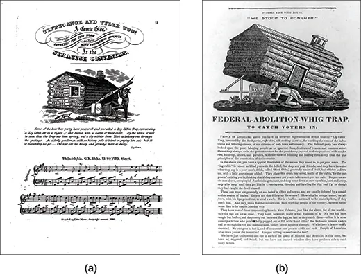 Image (a) shows the sheet music for Whig campaign song “Tippecanoe and Tyler Too! A Comic Glee.” An illustration depicts Harrison beside a log cabin. The individual logs bear the names of fifteen states: Ohio, Maine, Massachusetts, Vermont, North Carolina, Indiana, Kentucky, Louisiana, Pennsylvania, Rhode Island, Maryland, New York, Delaware, Connecticut, and New Jersey. Harrison hoists a log labeled “Hickory.” Image (b) shows an anti-Whig flyer with an illustration, titled “We Stoop to Conquer,” of a man, lured by a bottle labeled “Hard Cider,” crawling under a log cabin that has been propped up on one side like a box trap. The flyer’s headline reads “Federal-Abolition-Whig Trap. To Catch Voters In.”