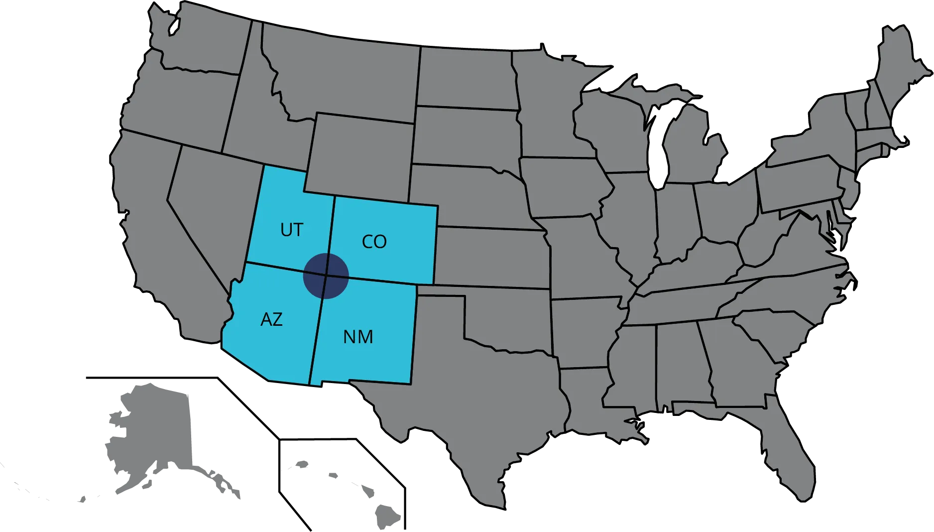 A map of the USA with the four corners region highlighted. It includes Utah, Colorado, Arizona, and New Mexico.