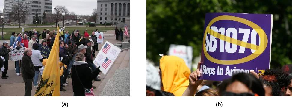 Image A shows a group of people with signs and flags. Image B shows a sign held above a crowd; the sign shows “SB1070” crossed out. Underneath, it states, “It stops in Arizona”.