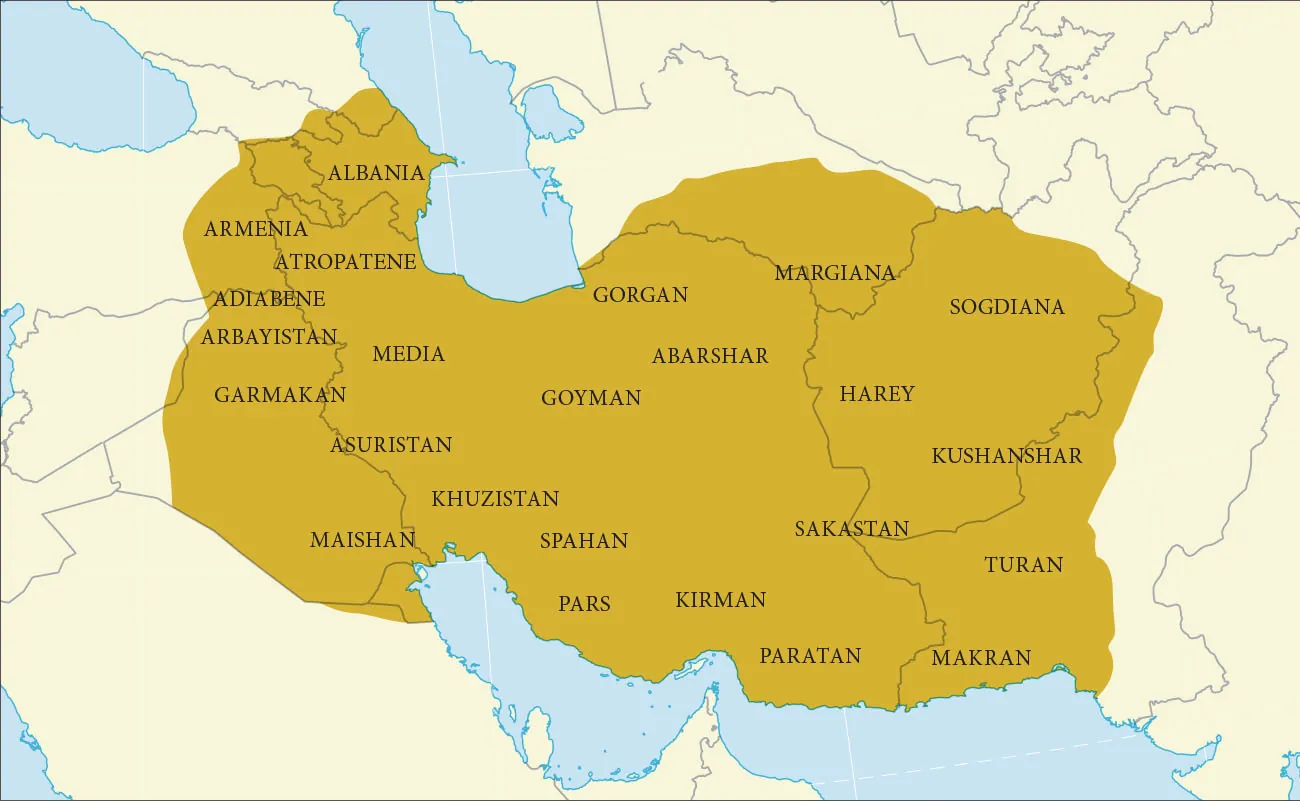 A map is shown of a large area of land highlighted yellow. The land has brown lines running all over indicating boundaries. There is water to the north, to the far west, and along the southern border. The following places are labeled on the map, going from west to east: Albania, Armenia, Atropatene, Adiabene, Arbayistan, Garmakan, Media, Asuristan, Maishan, Khuzistan, Gorgan, Goyman, Spahan, Pars, Abarshar, Kirman, Margiana, Harey, Sakastan, Paratan, Sogdiana, Kushanshar, Turan, and Makran.