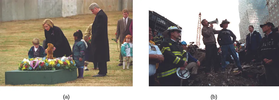 Image A is of Hillary and Bill Clinton laying flowers on a memorial site, surrounded by several children. Image B is of George W. Bush standing on a pile of rubble with a bullhorn to his mouth, surrounded by several people.