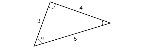 Right triangle with sides of 3, 4, and 5. Angle alpha is also labeled.