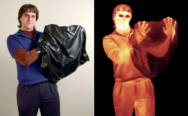 Two side-by-side photographs show a person with a black plastic bag covering his hands. The left-image is visible light and only the plastic bag can be seen over the hands; the right image is infrared and the hand and fingers are easily visible although covered by visible-light-blocking plastic.